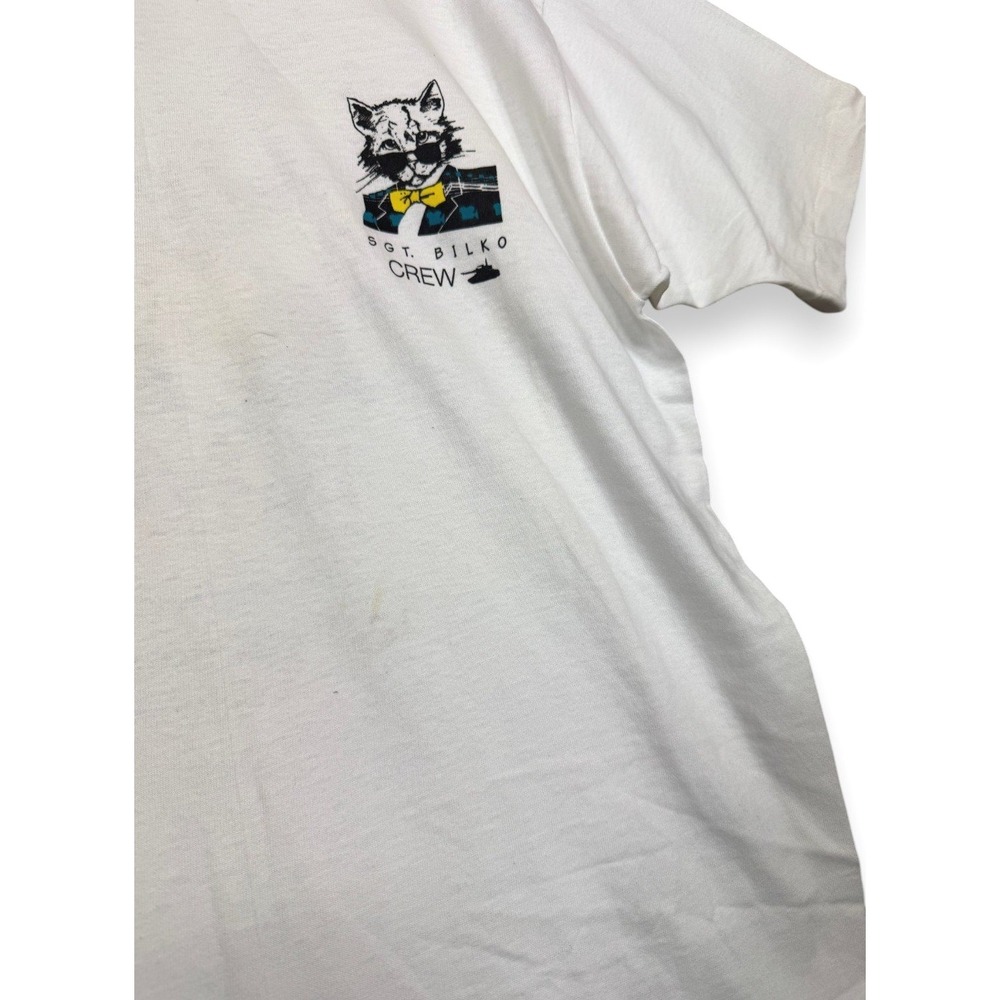 Vintage 1990 Tomkats Catering T Shirt L White Sgt Bilko Film Crew Promo Cat - Picture 7 of 14